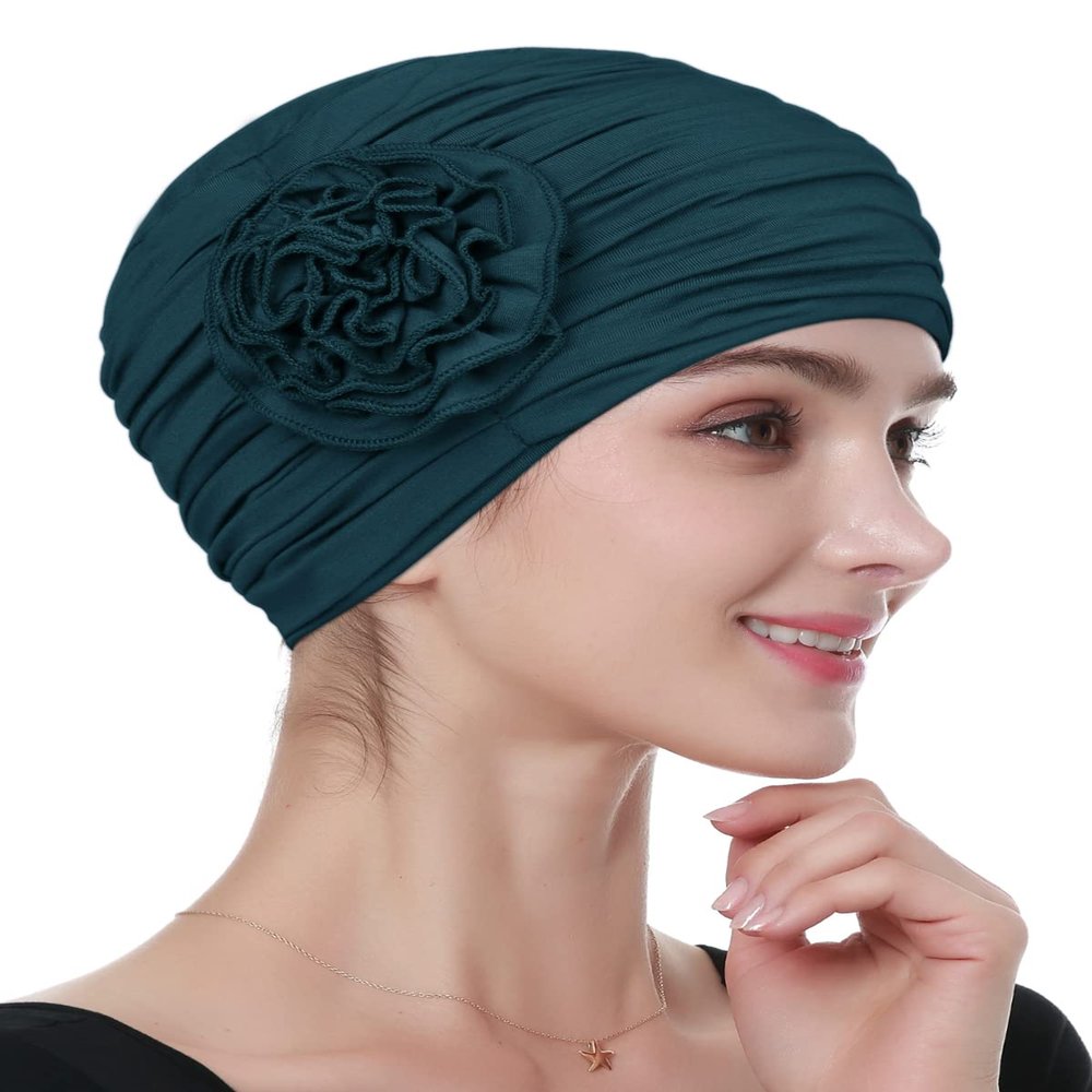 Alnorm Bamboo Chemo Headscarf for Women with Hair Loss, Pre-Tied Bonnet, Dark Green