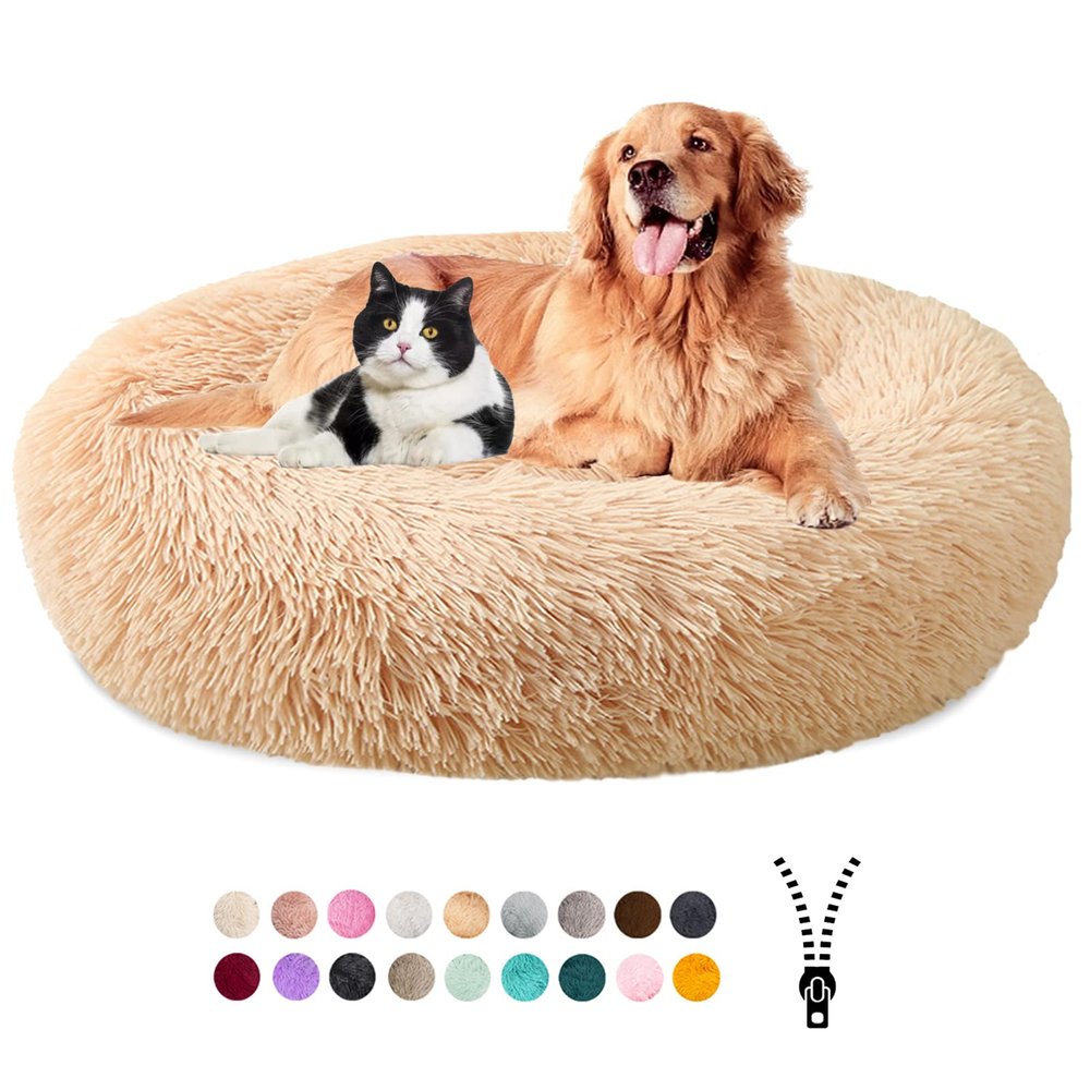 MAIFENGL Fluffy Donut Dog Bed, Washable, Removable, Non-Slip, Apricot, 70 cm/28 in