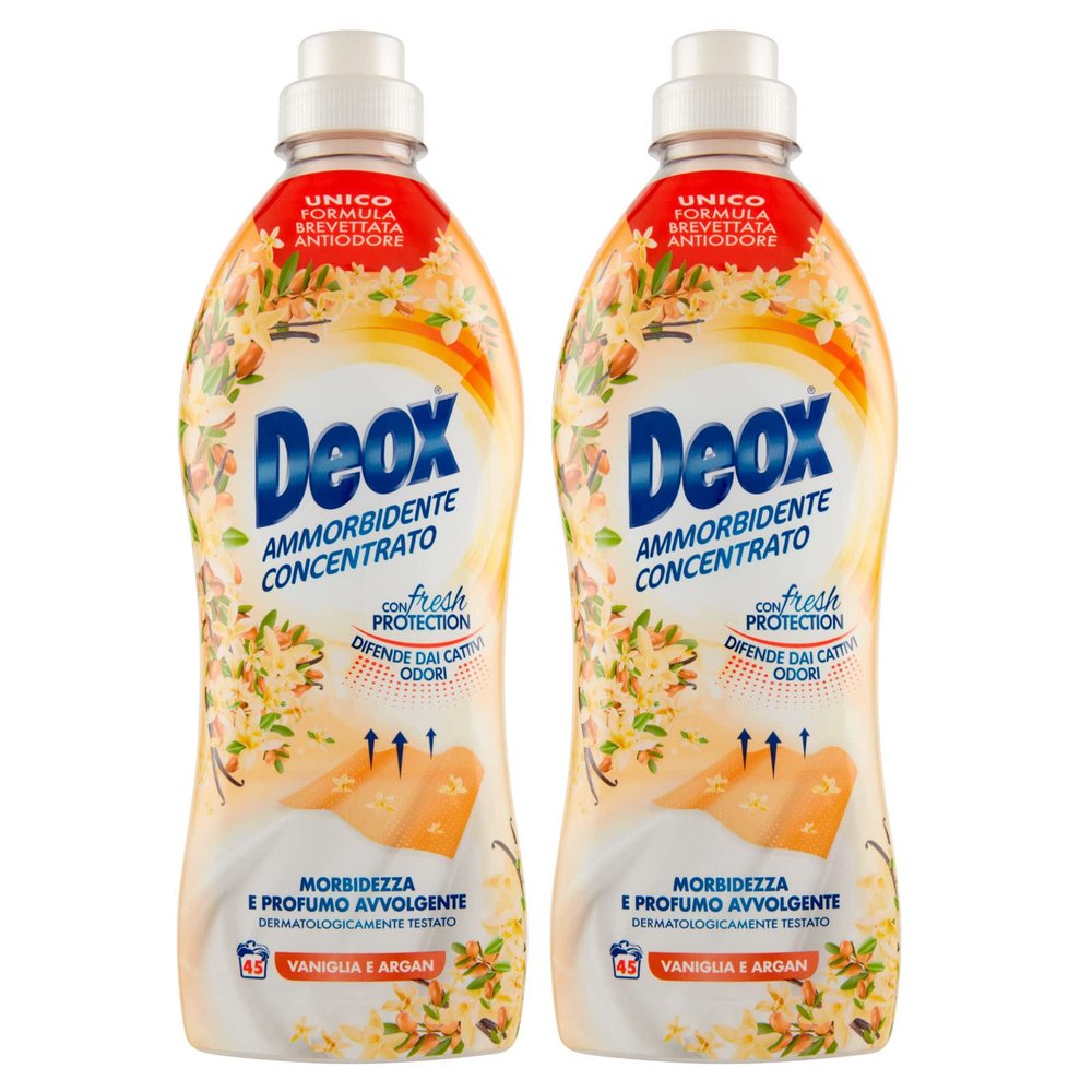Deox Fabric Softener Concentrate for Washing Machines, Soft and Fragrant Clothes, Fresh Protection Technology, Vanilla and Argan Scent, 45 Washes x 2 Packs