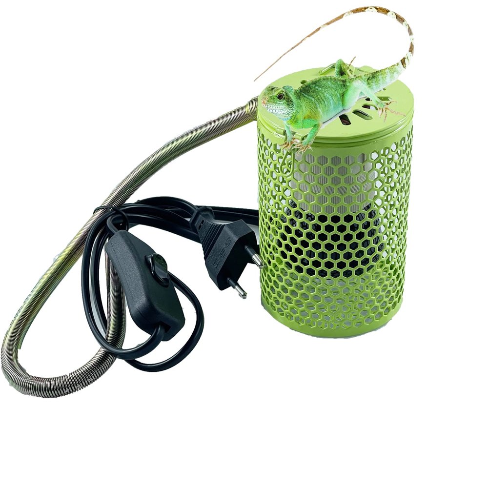 Lelukee Reptile Heat Lamp with Protective Cage, 100W Ceramic Heat Emitter, EU Plug