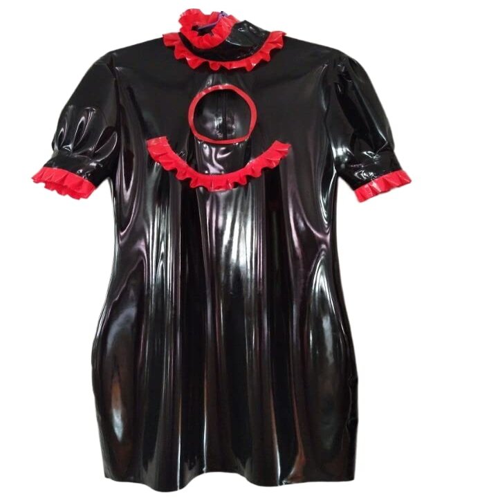 Black and Red Sexy Natural Latex Dress with Short Sleeves and Lace Skirt