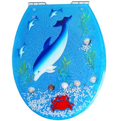 Resin Toilet Seat, Round, Ocean Series, Heavy-Duty Elongated Seat with Soft-Close, Removable, for Standard Toilets, Dolphin Little