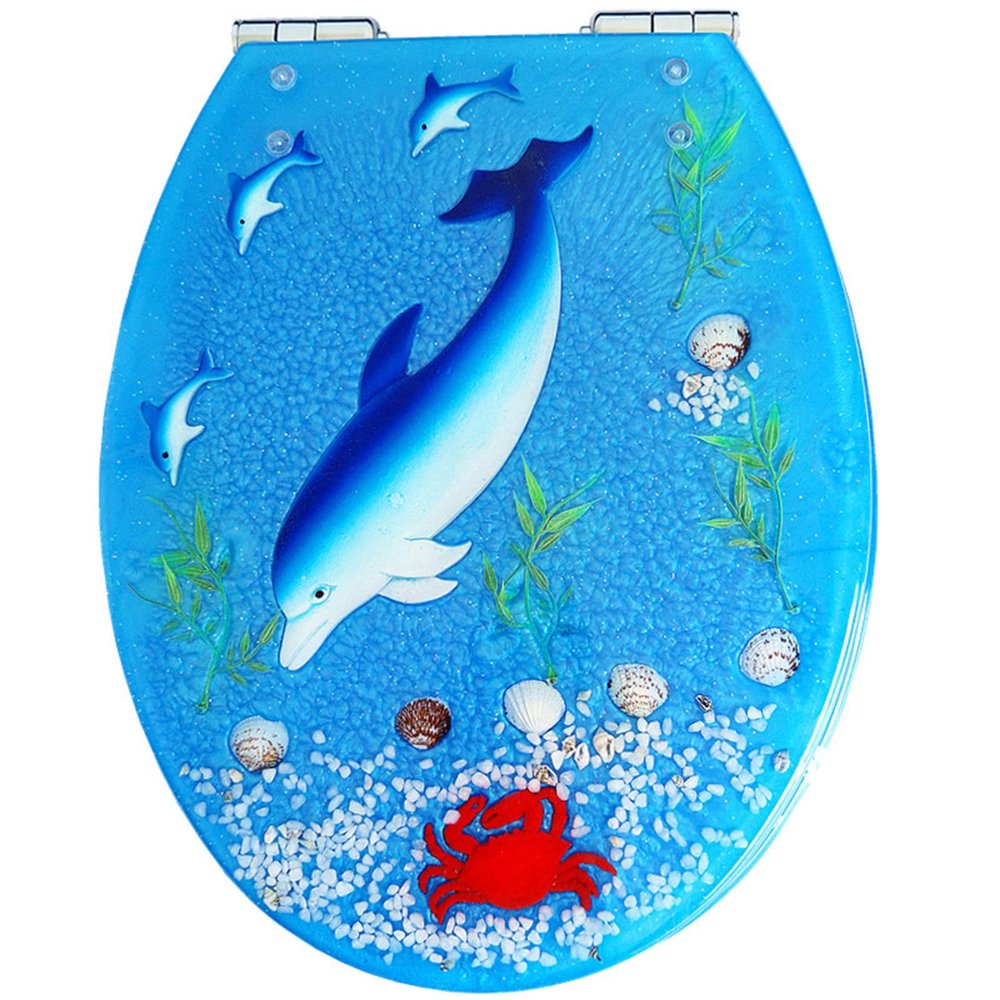 Resin Toilet Seat, Round, Ocean Series, Heavy-Duty Elongated Seat with Soft-Close, Removable, for Standard Toilets, Dolphin Little