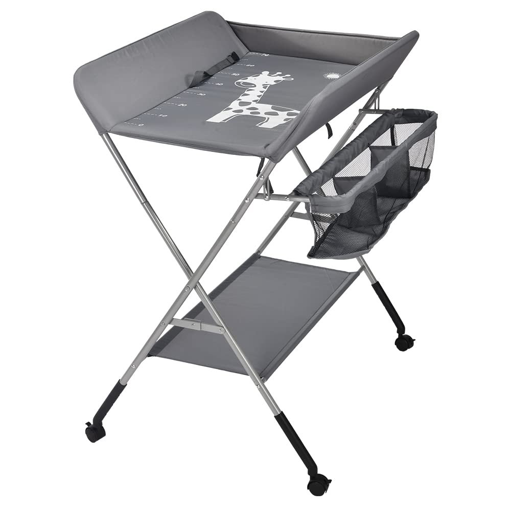 Supfine Foldable Changing Table for Newborns with Storage Basket and Safety Belt, Gray