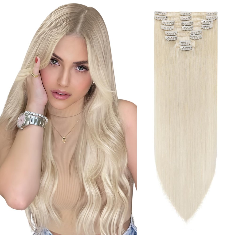 Elailite Clip-In Extensions, Remy Human Hair, Straight, 55 cm, 75 g, #60 Platinum Blonde