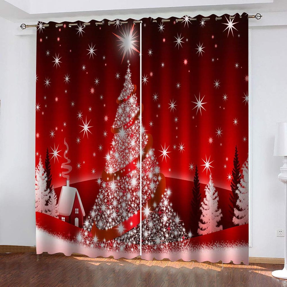 Blackout Curtains, 2-Piece Set, Red Christmas Tree Pattern, 210 x 110 cm