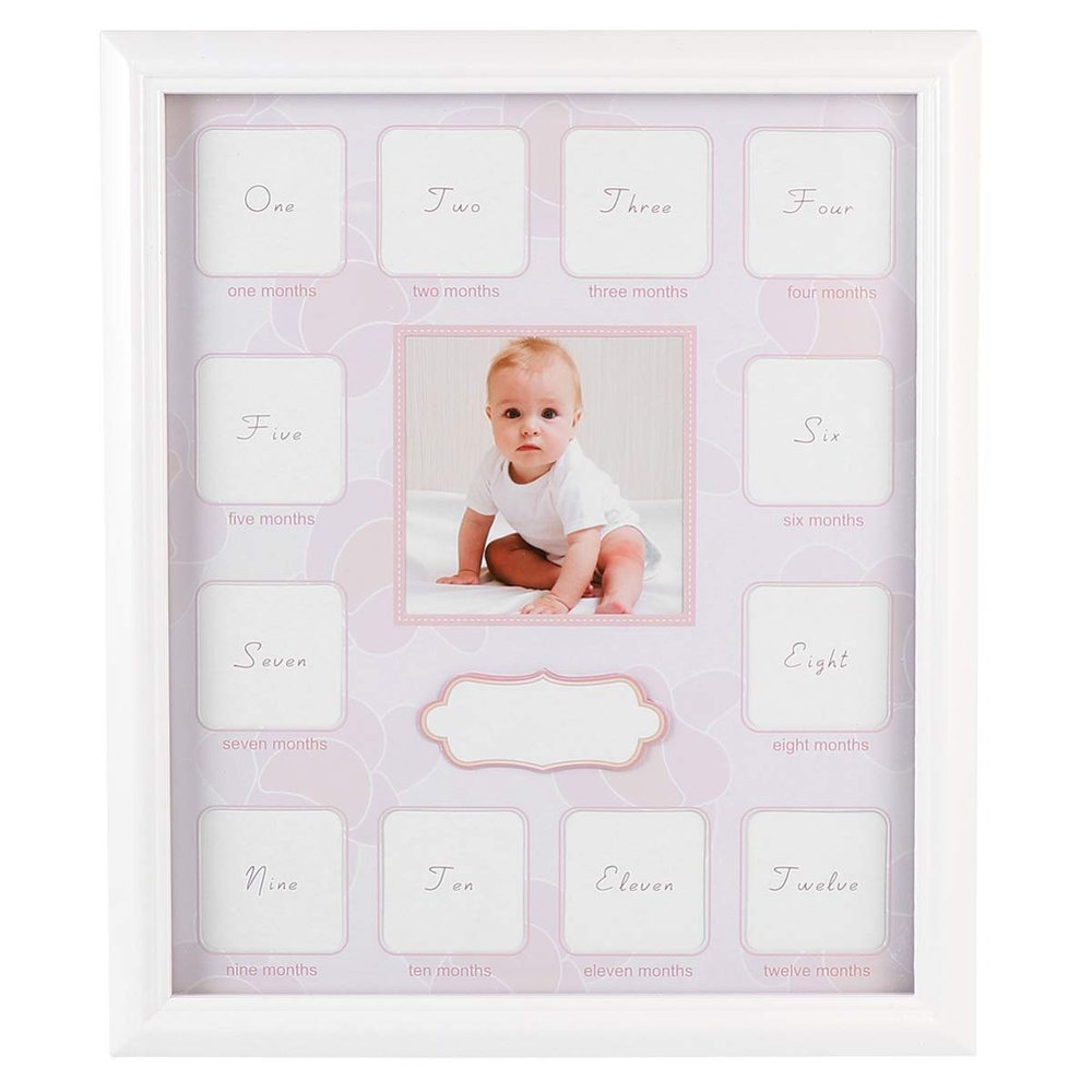 RENJIELI First-Year Baby Photo Moments 12-Month Keepsake Frame, Pink Little Surprise for Expectant Parents