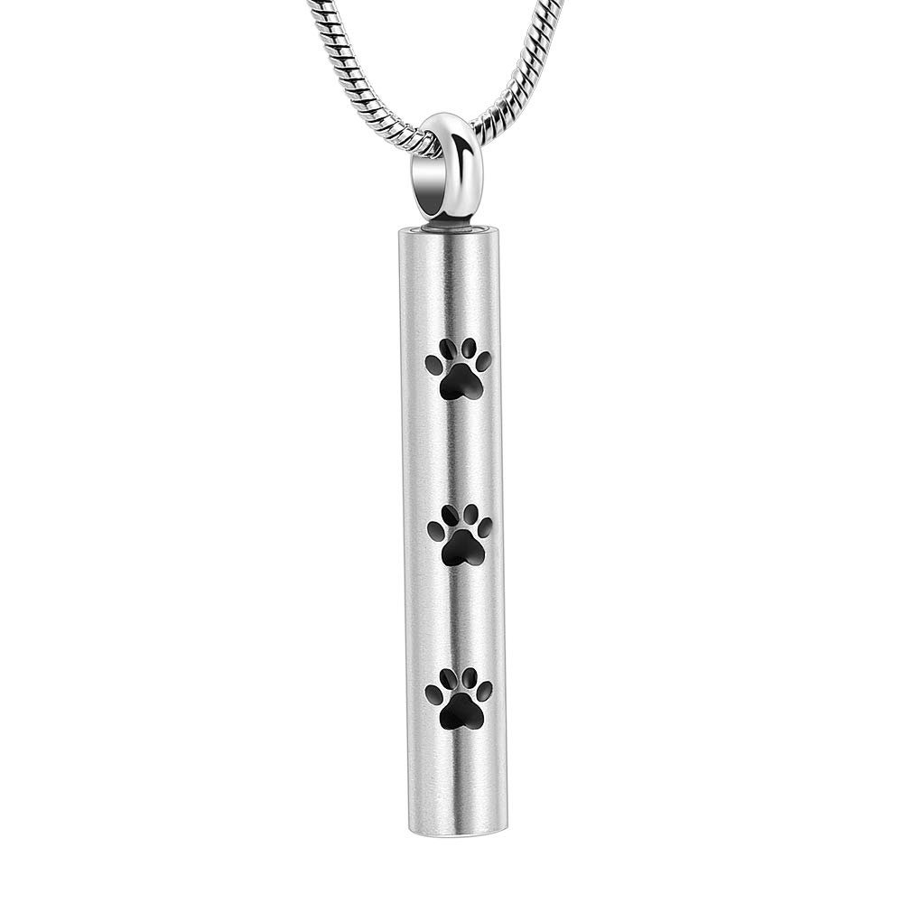 SHEIL Pet Memorial Jewelry, Engraved Dog/Pet Paw Print Cylinder Urn Necklace for Ashes
