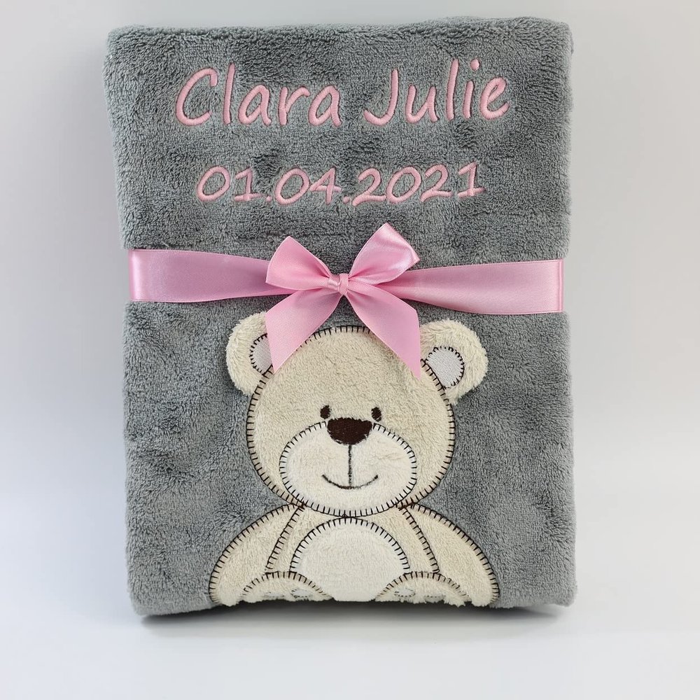 BotoBaby Personalized Baby Blanket with Name and Date of Birth – Baptism or Birth Gift (Gray – Teddy Brown)