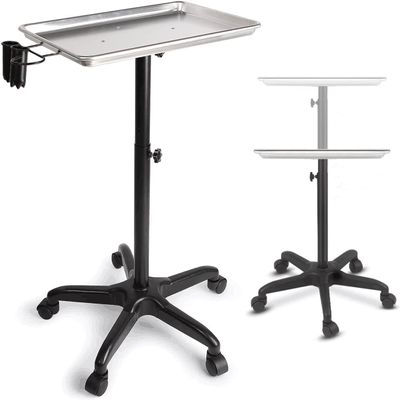 Rolling Salon Tray Cart, Adjustable-Height Aluminum Beauty Trolley, Black with Shelf