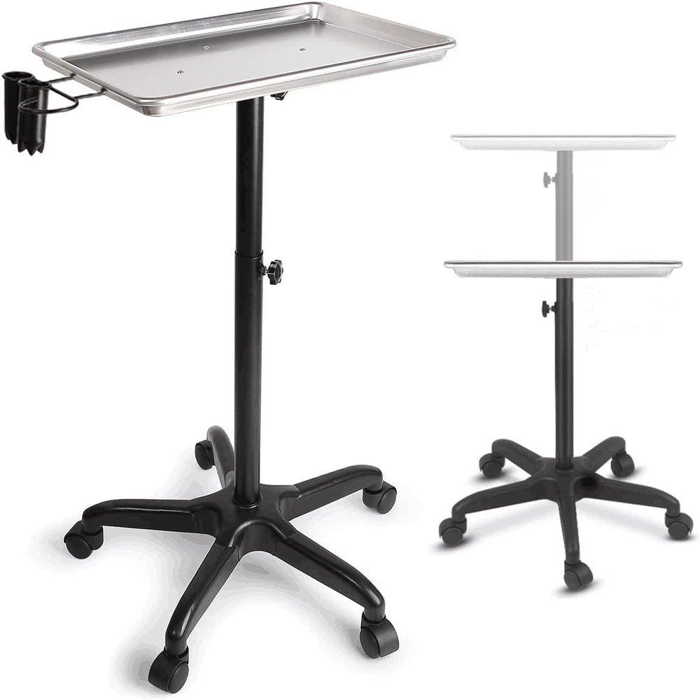 Rolling Salon Tray Cart, Adjustable-Height Aluminum Beauty Trolley, Black with Shelf