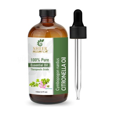 Sheer Essence Citronella Essential Oil, 118 ml, 100% Pure and Natural, Therapeutic Oil with Premium Glass Dropper