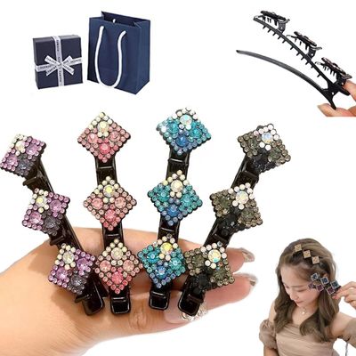 4-Piece Satin Fabric Hair Bands with Sparkling Crystal Braided Hair Clips for Women (A)
