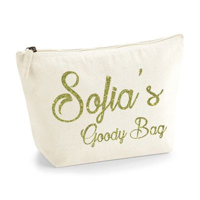 Personalized Name, Initials or Text Cosmetic Bag with Textured Print - Gold Glitter - S | Natural