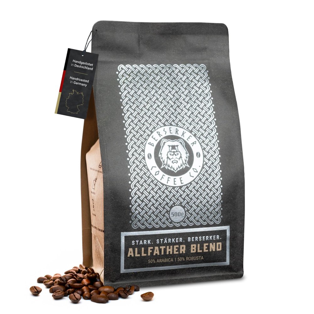 BERSERKER COFFEE Allfather Blend, 500 g – 50% Arabica, 50% Robusta Whole Coffee Beans, Low-Acid, Mild Roast