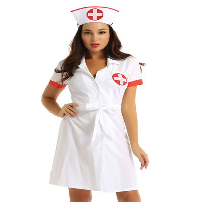 MSemis Sexy Nurse Lingerie Set, 3-Piece Short-Sleeve Button-Down Uniform Dress with Belt and Hat