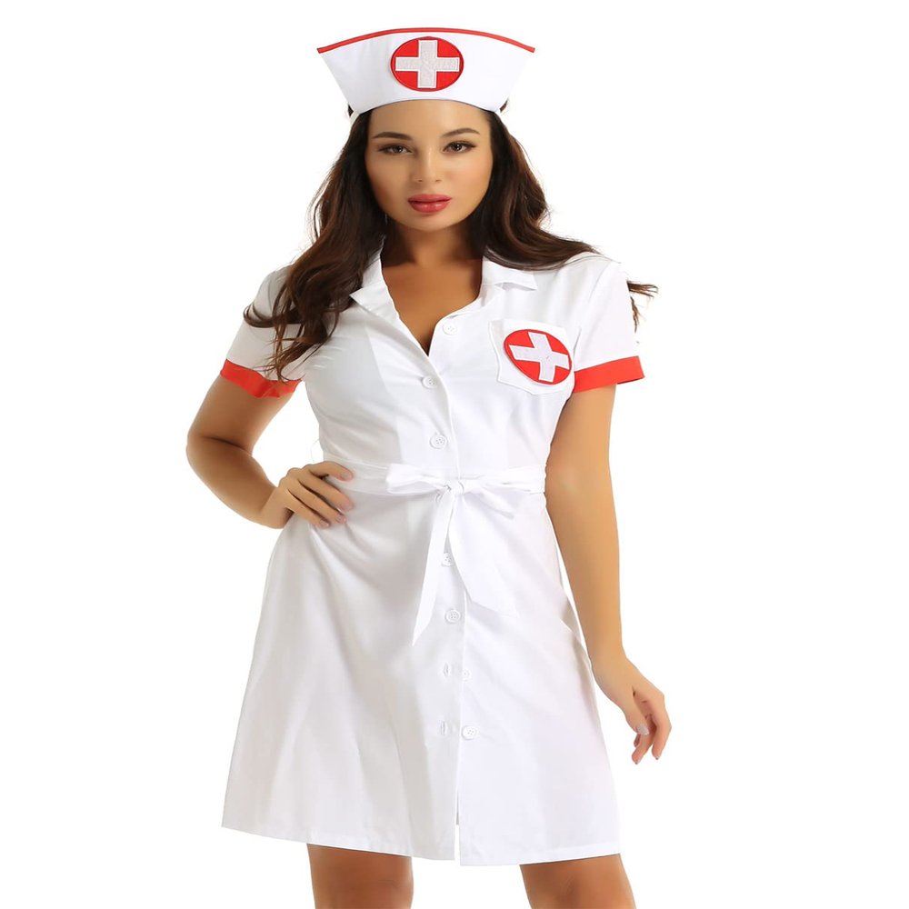 MSemis Sexy Nurse Lingerie Set, 3-Piece Short-Sleeve Button-Down Uniform Dress with Belt and Hat
