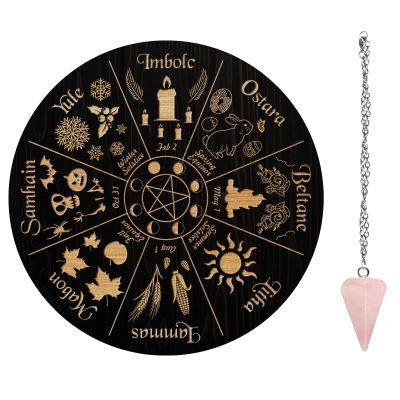 AHANDMAKER 7.8" Witch Star Pendulum Board with Rose Quartz Crystal Pendulum, Wooden Wheel of the Year Board for Spirit Altar Décor