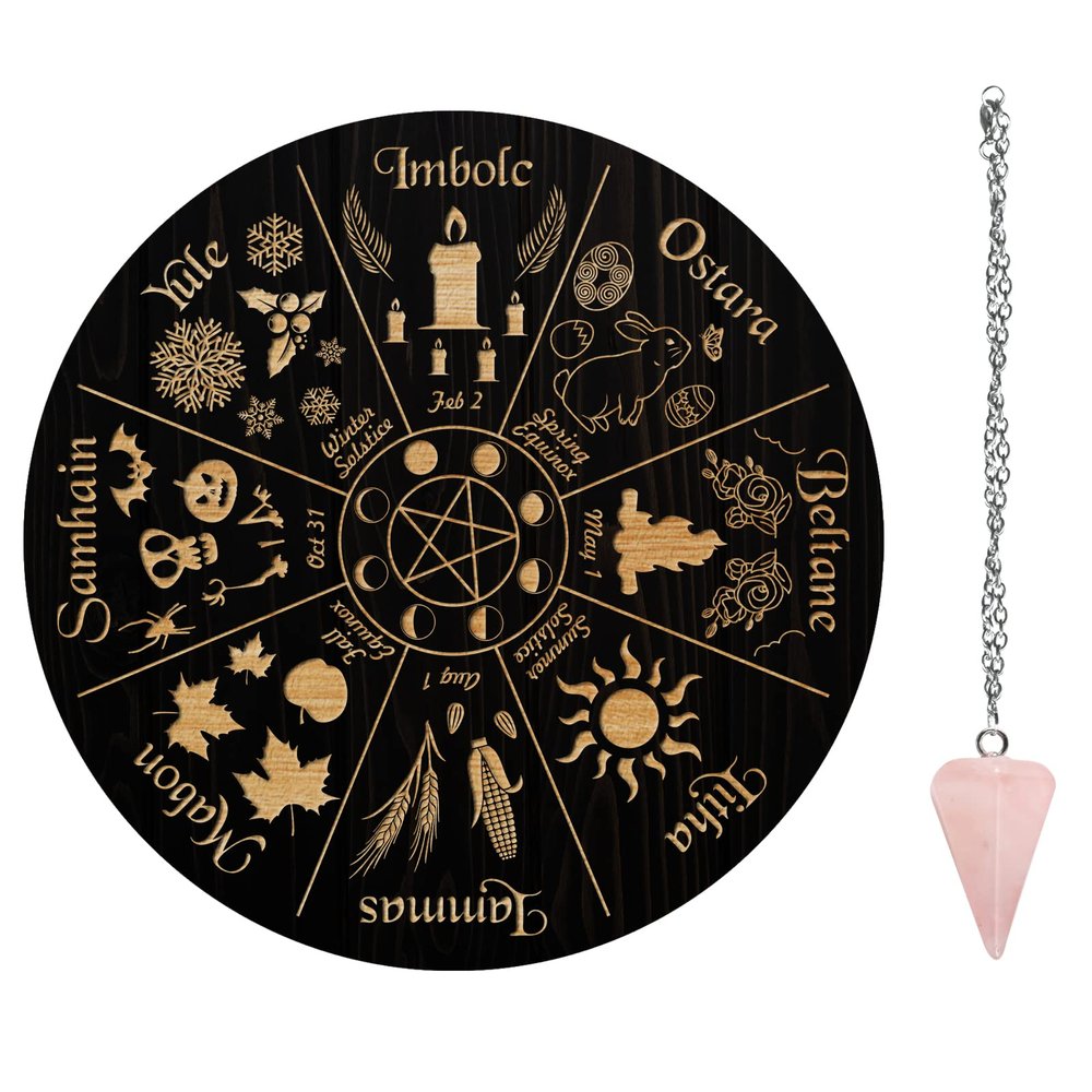 AHANDMAKER 7.8" Witch Star Pendulum Board with Rose Quartz Crystal Pendulum, Wooden Wheel of the Year Board for Spirit Altar Décor
