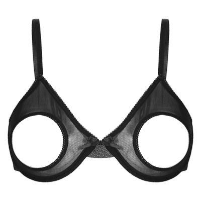 Kaerm Women's Black Sheer Mesh Open-Cup Underwire Bra, V-Neck, Backless, Size S