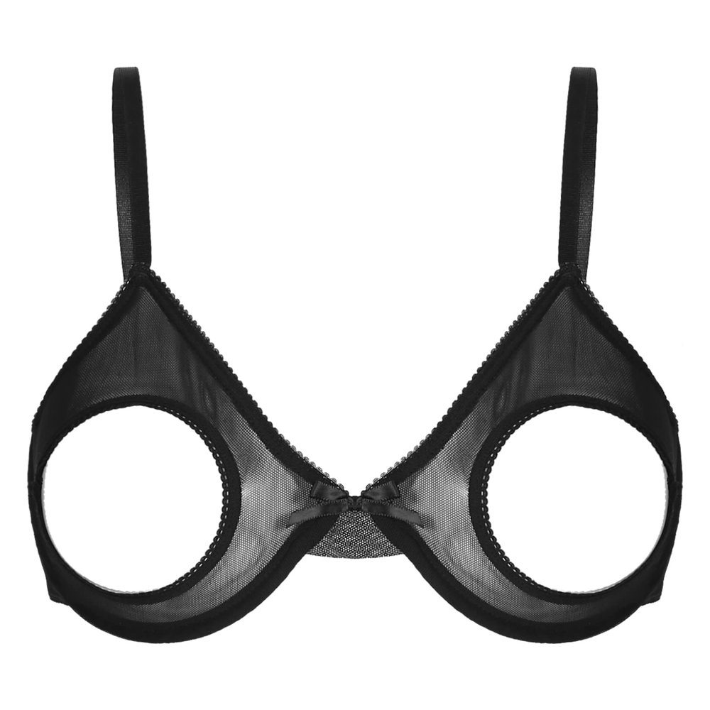 Kaerm Women's Black Sheer Mesh Open-Cup Underwire Bra, V-Neck, Backless, Size S