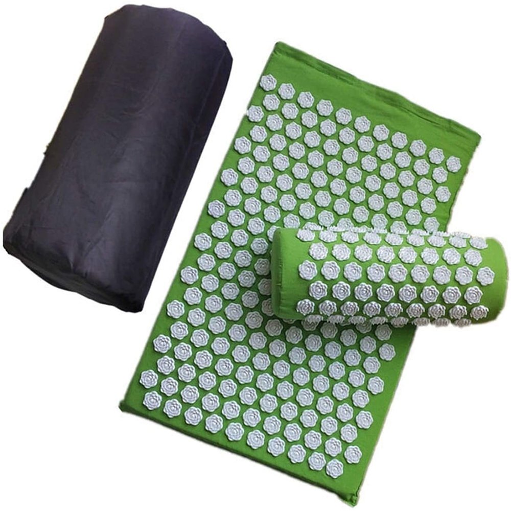 XMING Back Relaxation Pillow and Massage Set with Rose Spike Acupressure Pillow and Yoga Mat, Fruit Green