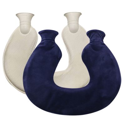U-Shaped Neck Hot Water Bottle with Soft Plush Cover, 1 L, Navy Blue