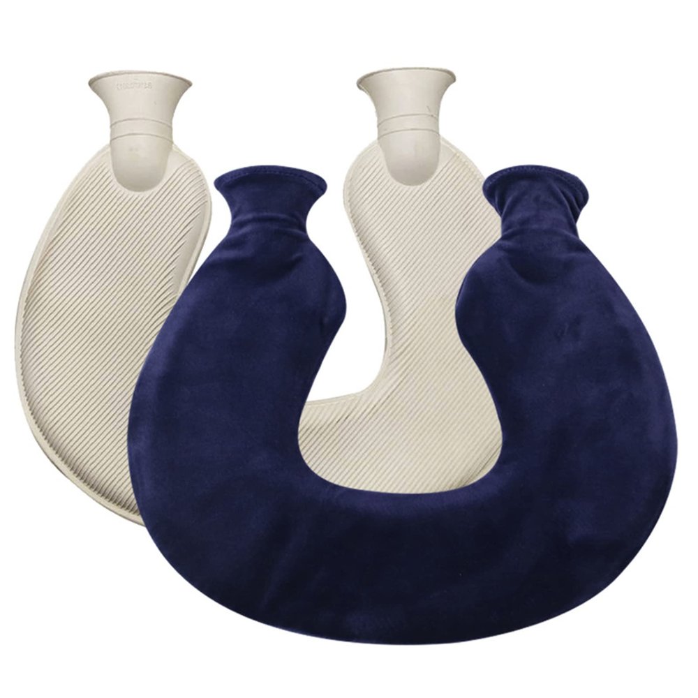 U-Shaped Neck Hot Water Bottle with Soft Plush Cover, 1 L, Navy Blue