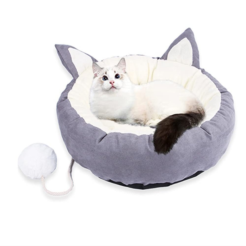 Sophie Plush Cat Bed with Pom-Pom, Orthopedic Relief