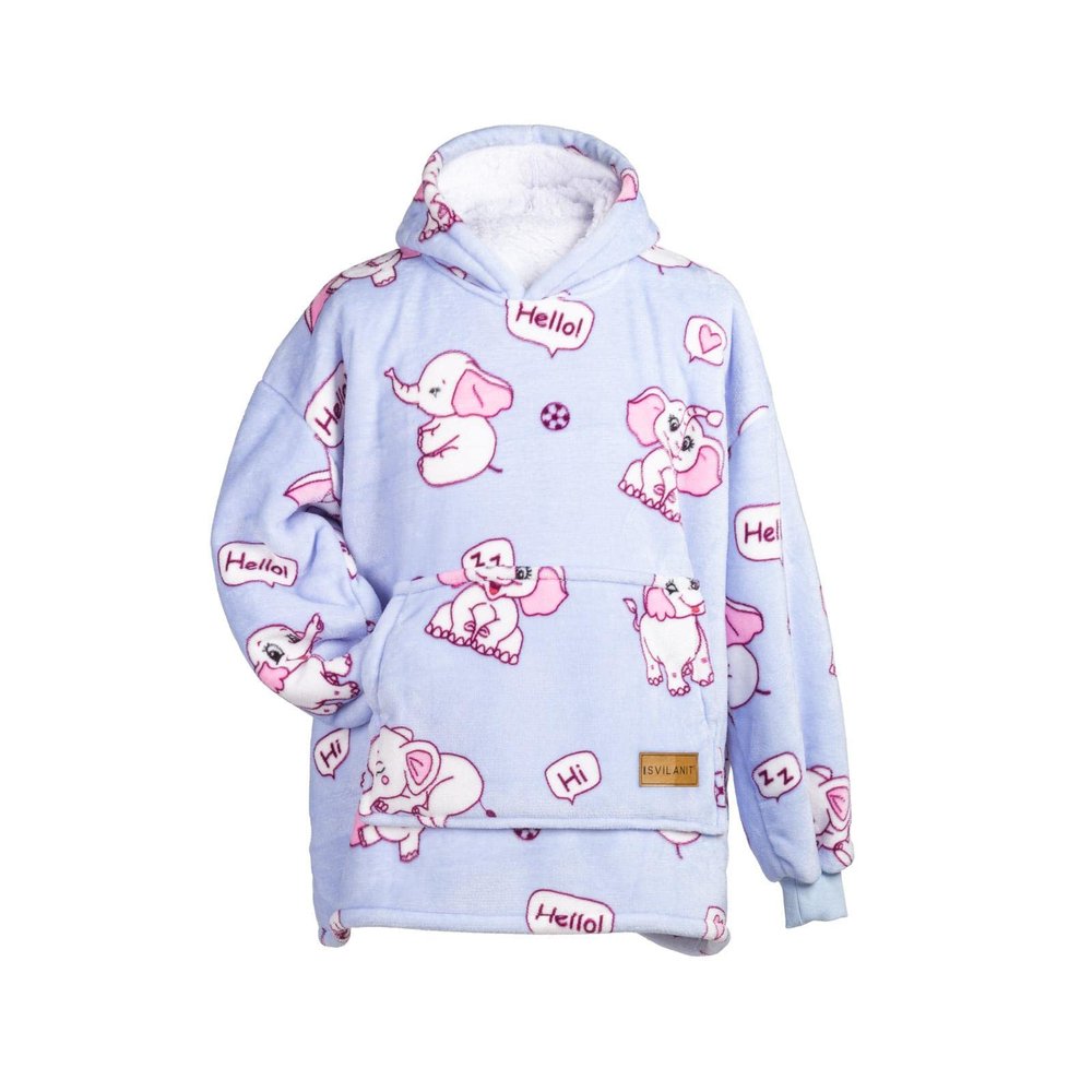 Close Up Kids' Hoodie Blanket, Elephant Design, One Size, Unisex, Teddy Plush, Light Blue/White/Rose