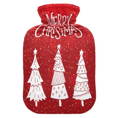 Hot Water Bottle, 2 L, Soft Plush Cover, Leakproof Screw Cap, Red Christmas Tree