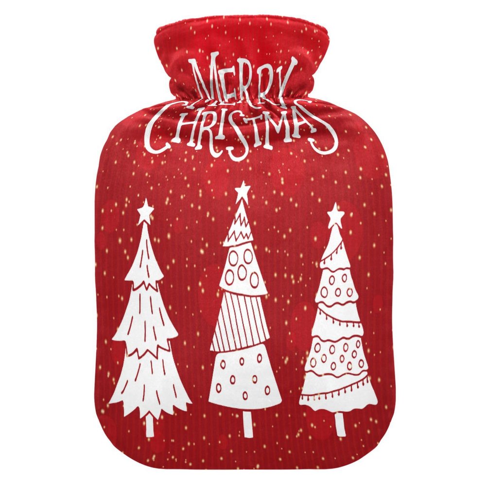 Hot Water Bottle, 2 L, Soft Plush Cover, Leakproof Screw Cap, Red Christmas Tree