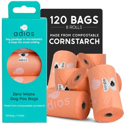 Adios Plastic Biodegradable Dog Waste Bags, Extra-Thick Compostable Cornstarch Bags, EN 13432 Certified, 8 Rolls, 120 Bags