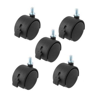 5 Black 2-Inch Threaded-Stem Casters with Brakes, 8 mm Stem