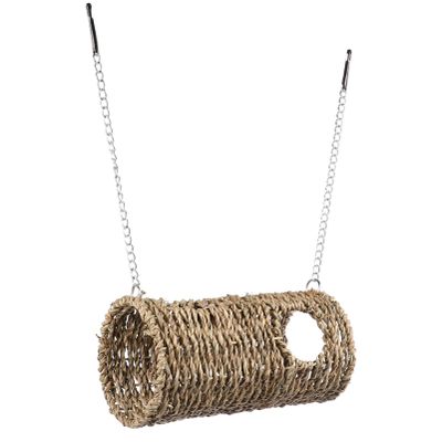Rustic Straw Hamster Tunnel House with Hanging Chains