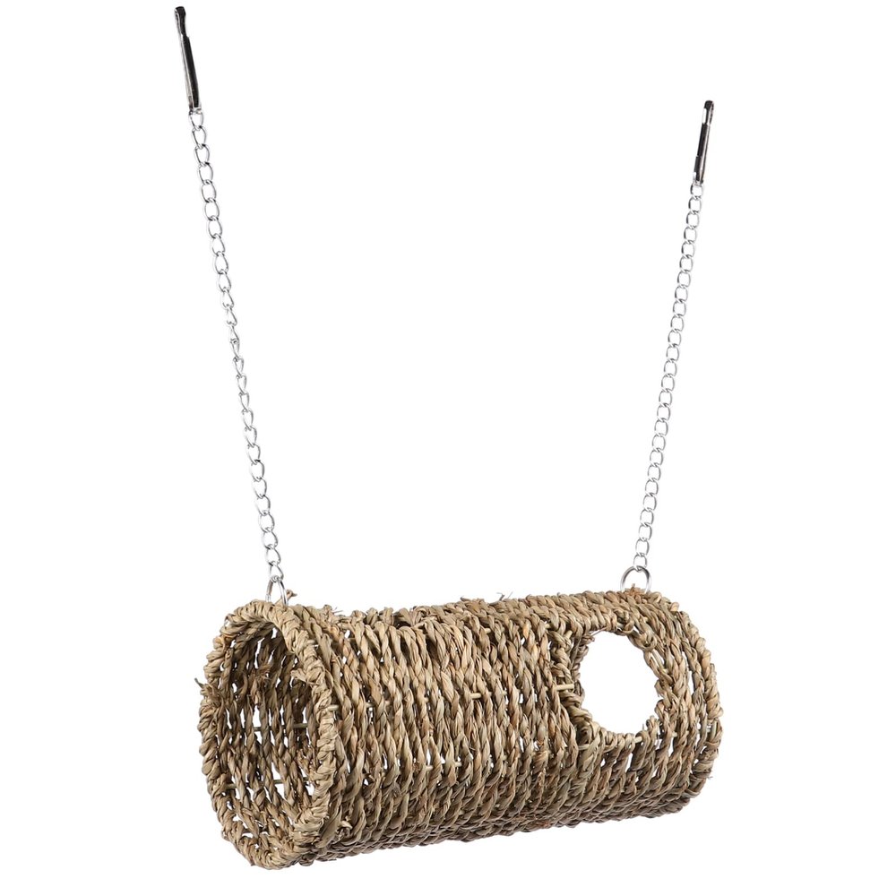 Rustic Straw Hamster Tunnel House with Hanging Chains