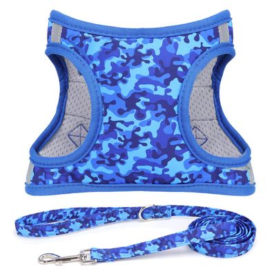 Moonpet Step-In Air Dog Harness and Leash Set, Reflective Floral Pattern, Padded Mesh Vest, Blue Camouflage, Size M