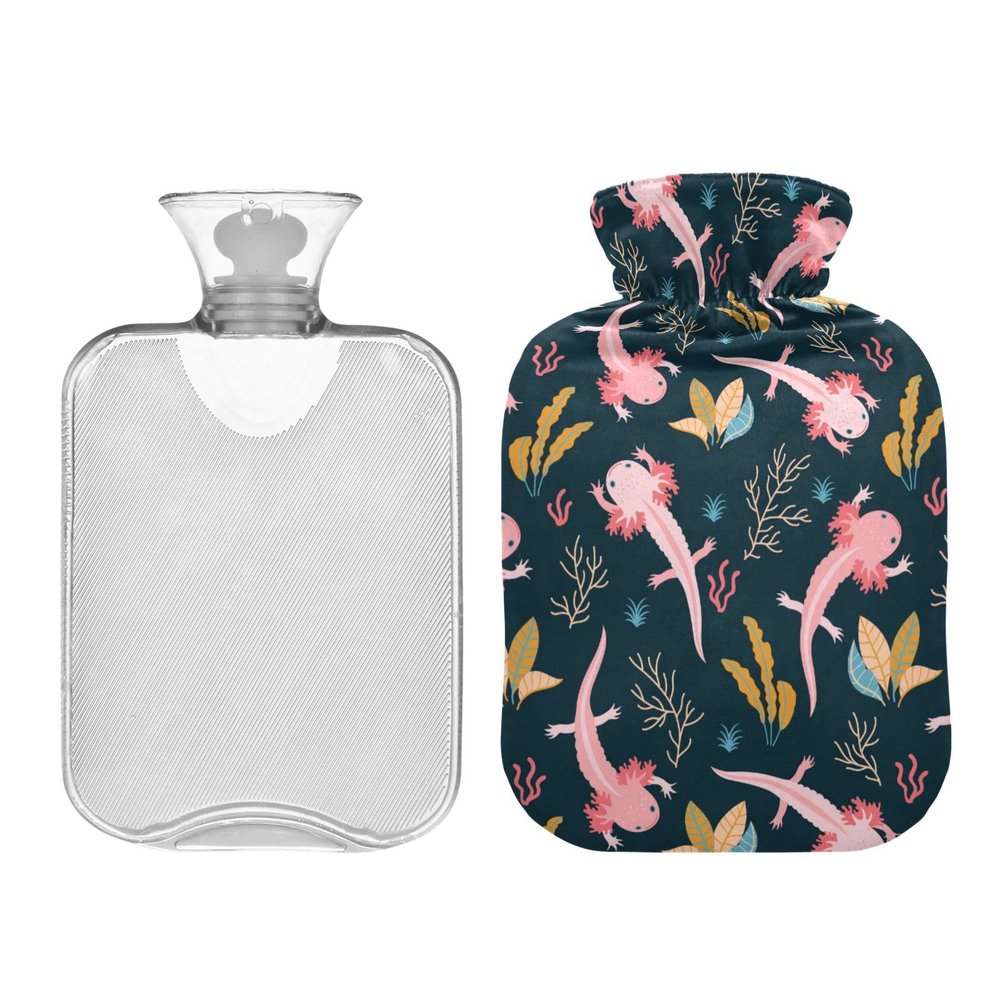 2 L Hot Water Bottle with Cover, Cute Pink Axolotl and Seaweed Design