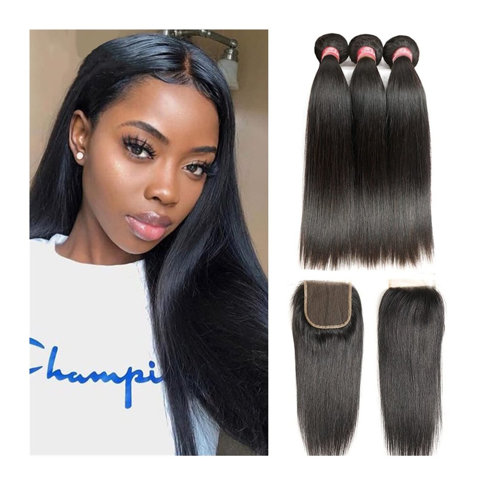 Brazilian Straight Human Hair Bundles with Closure, 3 Bundles, 8–36 in