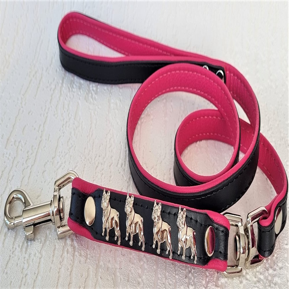 Bully French Bulldog Frenchie Dog Leash – 125 cm/16 mm, Genuine Leather, Black/Pink