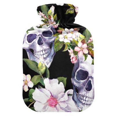 Hot Water Bottle with Soft Velvet Cover, Skull and Flower Design, 2 L