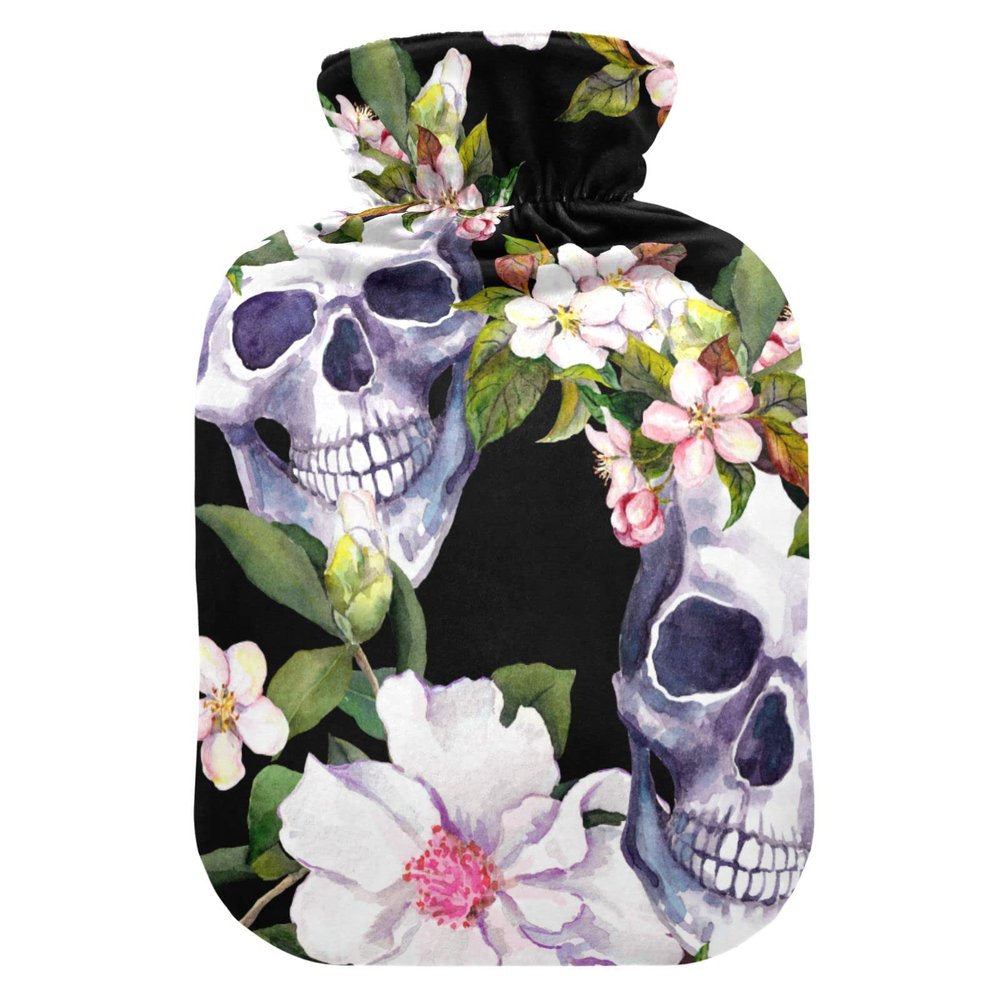 Hot Water Bottle with Soft Velvet Cover, Skull and Flower Design, 2 L