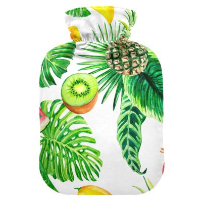 Hot Water Bottle with Soft Velvet Cover, Cactus Pattern, Fruits, Hot and Cold Compress, Body Warmer, 2 L