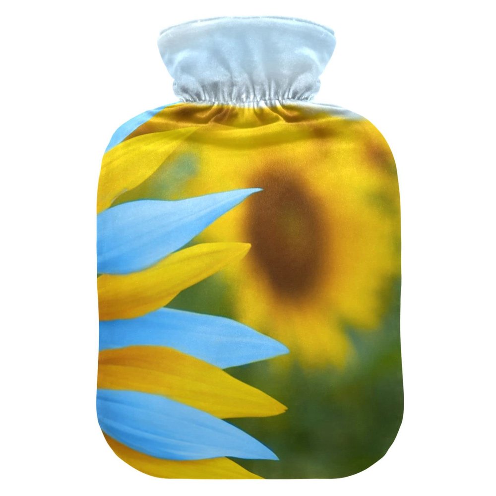 Heart-Shaped Hot Water Bottle with Soft Velvet Cover, Sunflower Blue, 2 L