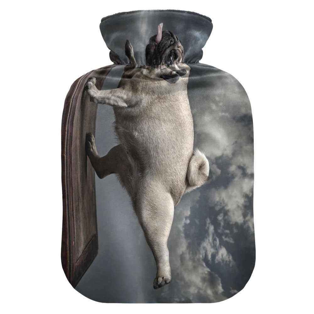 1 L Hot Water Bottle with Soft Velvet Pug Cover