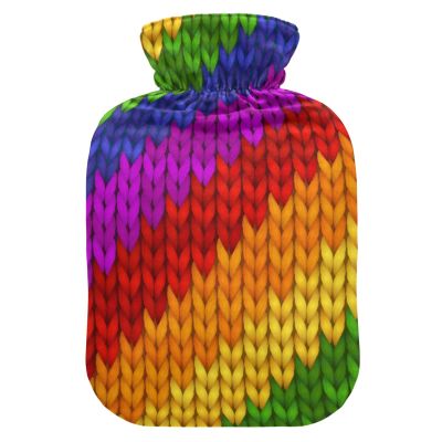 1 L Hot Water Bottle with Soft Velvet Cover, Knitted Rainbow Design