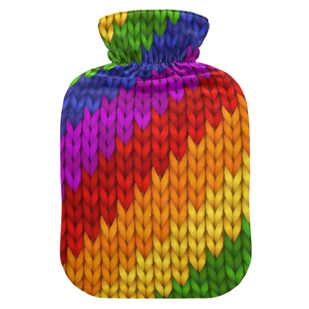 1 L Hot Water Bottle with Soft Velvet Cover, Knitted Rainbow Design