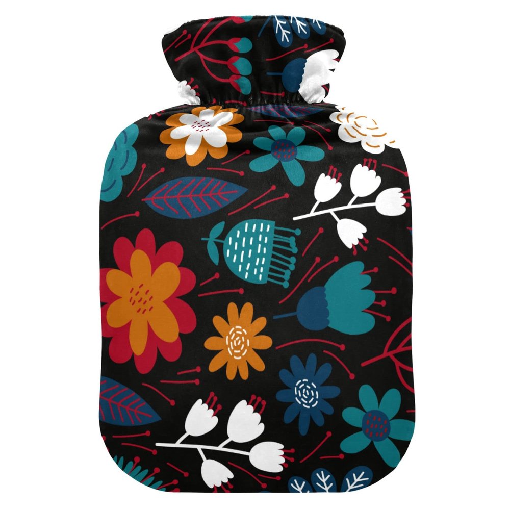 2 L Hot Water Bottle with Soft Velvet Vintage Floral Cover