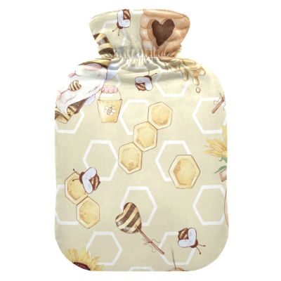 Hot Water Bottle with Soft Velvet Cover, Cute Gnome and Bee Design, 2 L