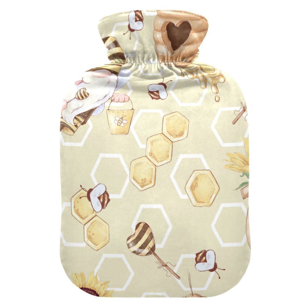Hot Water Bottle with Soft Velvet Cover, Cute Gnome and Bee Design, 2 L